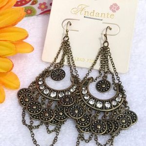 Boho Coin Earrings Rhinestone Dangles Goldtone